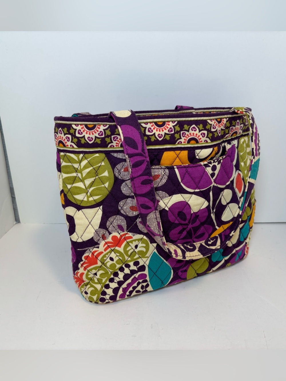 Vera Bradley purple tote (small) with multicolored floral and leaf motifs